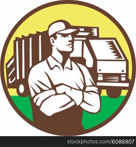 Illustration of a garbage collector with folded arms and rubbish waste collection truck in background set inside circle done in retro style.. Garbage Collector Rubbish Truck Circle Retro