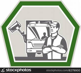 Illustration of a garbage collector with rubbish truck in background collecting waste set inside shield shape done in retro style.. Garbage Collector Rubbish Truck Retro