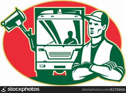 Illustration of a garbage man collector with arms crossed and rubbish side loader truck in background set inside ellipse done in retro style.. Garbage Collector and Side Loader Rubbish Truck
