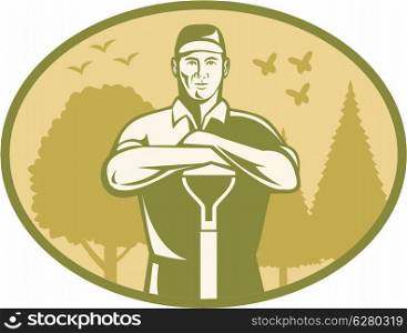 Illustration of a gardener landscaper farmer agriculturist with shovel facing front with trees, birds and butterfly in the background set inside ellipse done in retro style.