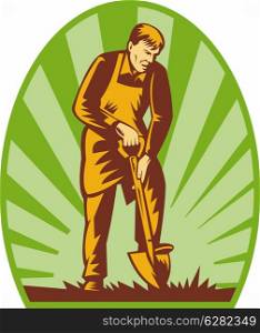 illustration of a Gardener or farmer digging with shovel and sunburst in the background.. Gardener or farmer digging with shovel