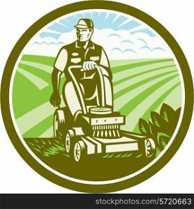 Illustration of a gardener riding on a vintage ride-on lawn mower set inside circle with field farm clouds sunburst in the background done in retro style. . Ride On Lawn Mower Vintage Retro