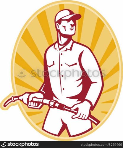 illustration of a gas jockey gasoline attendant standing holding a fuel pump nozzle set inside ellipse done in retro style.. Gas Jockey With Petrol Pump Nozzle Retro