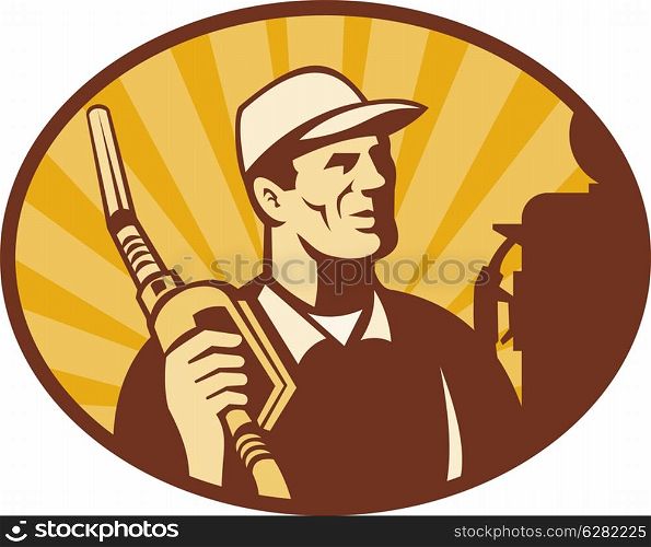 illustration of a Gasoline attendant looking holding petrol pump nozzle set inside an oval. Gasoline attendant with petrol pump nozzle
