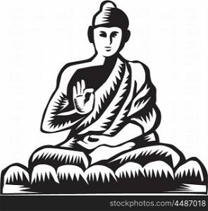 Illustration of a Gautama Buddha, Siddh?rtha Gautama, Shakyamuni Buddha in lotus position viewed from front set on isolated white background done in retro woodcut style.