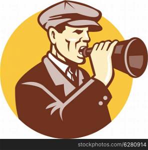 Illustration of a gentleman man shouting using vintage bullhorn done in retro woodcut style.. Man Shouting With Vintage Bullhorn Retro