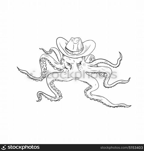 Illustration of a giant Octopus Wearing Cowboy Hat viewed from front done in Drawing style.. Octopus Wearing Cowboy Hat Drawing