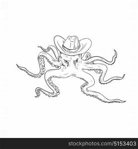 Illustration of a giant Octopus Wearing Cowboy Hat viewed from front done in Drawing style.. Octopus Wearing Cowboy Hat Drawing