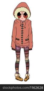 Illustration of a girl in a coat and leggings decorated with tribal pattern for your creativity. Illustration of a girl in a coat and leggings decorated with tri