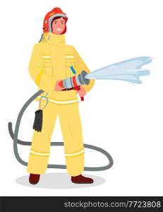 Illustration of a girl wearing fireman safety costume with helmet and holding fire hose isolated on white background. Firefighter modern woman in the male profession vector flat design brave firewoman. Illustration of a girl wearing fireman costume with helmet and holding fire hose isolated on white