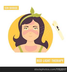Illustration of a girl with sun damage. Red light therapy. Healthcare icon. Illustration of a girl with sun damage.