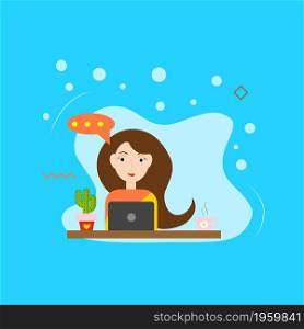 Illustration of a girl working at a computer with a cup of hot tea and a cactus in a pot. The girl is working at the computer
