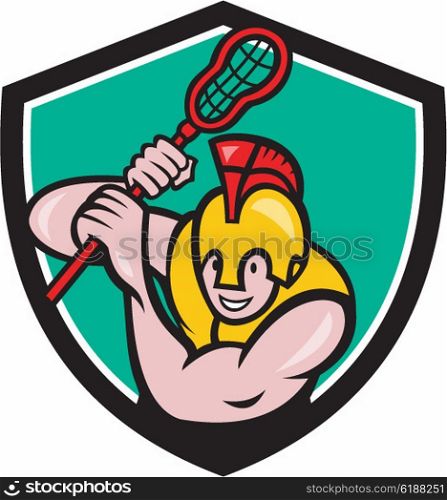 Illustration of a gladiator lacrosse player wearing spartan helmet holding lacrosse stick viewed from front set inside shield crest done in cartoon style. . Gladiator Lacrosse Player Stick Crest Cartoon