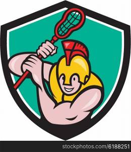 Illustration of a gladiator lacrosse player wearing spartan helmet holding lacrosse stick viewed from front set inside shield crest done in cartoon style. . Gladiator Lacrosse Player Stick Crest Cartoon