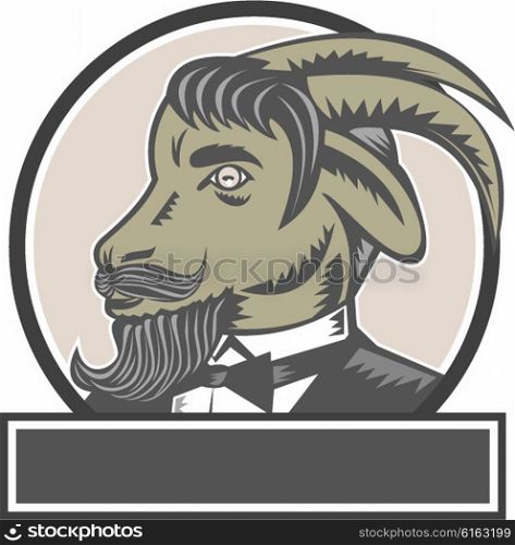 Illustration of a goat ram head with big horns and moustache beard wearing tuxedo suit looking to the side set inside circle done in retro woodcut style. . Goat Beard Head Circle Woodcut