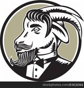Illustration of a goat ram with big horns and moustache beard wearing tuxedo suit looking to the side set inside circle done in retro woodcut style. . Goat Beard Tuxedo Circle Woodcut