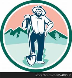 Illustration of a gold digger miner prospector with shovel spade set inside circle with mountains in background done in retro style. . Gold Miner With Shovel Circle Retro