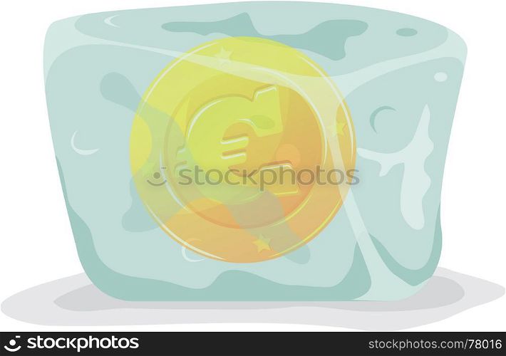 Illustration of a gold euro currency coin frozen inside cartoon glossy and bright ice block. Frozen Euro Coin