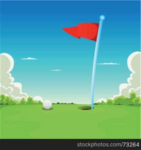Illustration of a golf sport landscape, with golf ball and flag on putting green grass. Putting Green - Golf Ball And Flag