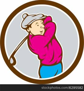 Illustration of a golfer playing golf swinging club tee off set inside circle on isolated background done in cartoon style.