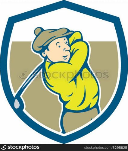 Illustration of a golfer playing golf swinging club tee off set inside shield crest on isolated background done in cartoon style. . Golfer Swinging Club Shield Cartoon
