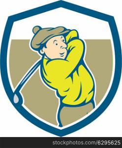 Illustration of a golfer playing golf swinging club tee off set inside shield crest on isolated background done in cartoon style. . Golfer Swinging Club Shield Cartoon