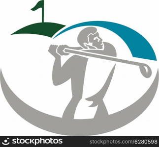 Illustration of a golfer playing golf swinging club tee off set on isolated background done in retro style.. Golfer Tee Off Golf Retro