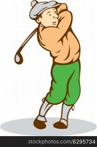 Illustration of a golfer playing golf swinging club tee off set on isolated white background done in cartoon style. . Golfer Swinging Club Cartoon