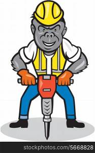 Illustration of a gorilla ape construction worker standing wearing hard hat with jackhammer set on isolated white background done in cartoon style. . Gorilla Construction Jackhammer Cartoon