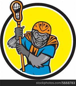 Illustration of a gorilla ape lacrosse player wearing helmet and holding lacrosse stick set inside circle on isolated background done in cartoon style. . Gorilla Lacrosse Player Circle Cartoon