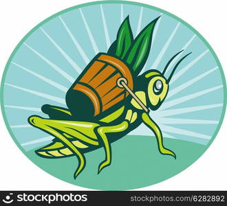 illustration of a Grasshopper carrying basket with leaves with sunburst in background set inside ellipse. Grasshopper carrying basket with leaves