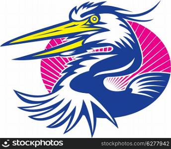 Illustration of a great blue heron head set inside oval done in retro woodcut style.. Great Blue Heron Head Retro