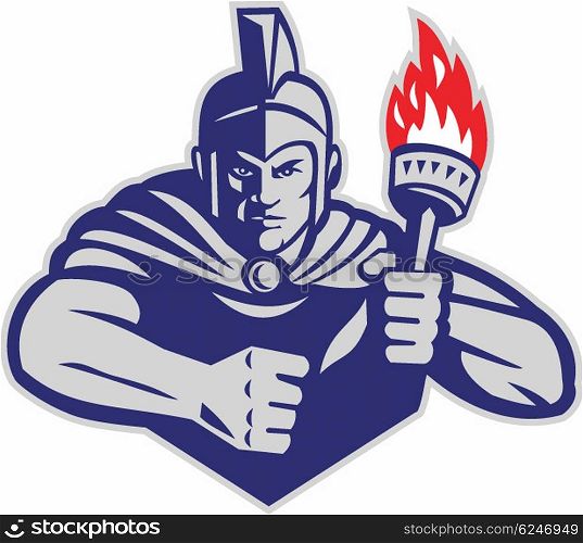 Illustration of a greek warrior holding flaming torch viewed from front set on isolated white background done in retro style. . Greek Warrior Holding Flaming Torch Retro