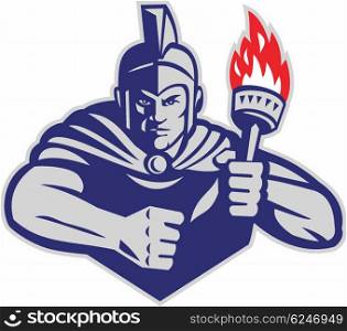 Illustration of a greek warrior holding flaming torch viewed from front set on isolated white background done in retro style. . Greek Warrior Holding Flaming Torch Retro