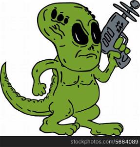 Illustration of a green Alien looking dinosaur holding a ray gun on isolated background done in cartoon style.. Alien Dinosaur Holding Ray Gun Cartoon