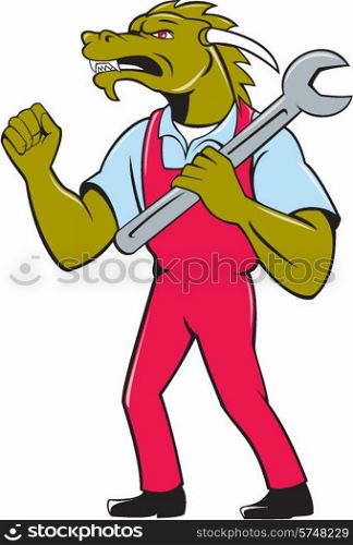 Illustration of a green dragon mechanic standing facing side holding spanner on shoulder making fist pump on isolated white background done in cartoon style. . Dragon Mechanic Spanner Fist Pump Isolated