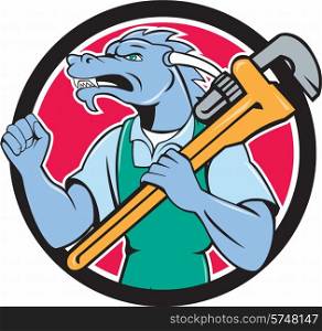Illustration of a green dragon plumber facing side holding monkey wrench on shoulder making fist pump set inside circle done in cartoon style. . Dragon Plumber Monkey Wrench Fist Pump Cartoon