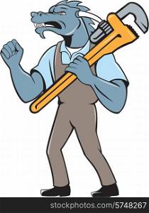 Illustration of a green dragon plumber standing facing side holding monkey wrench on shoulder making fist pump set on isolated white background done in cartoon style. . Dragon Plumber Monkey Wrench Fist Pump Isolated