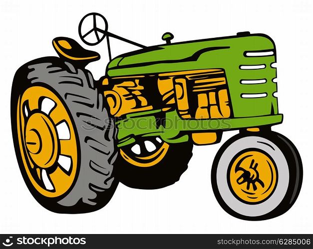 Illustration of a green tractor side view on isolated white background done in retro style.