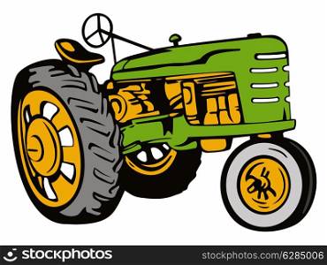 Illustration of a green tractor side view on isolated white background done in retro style.