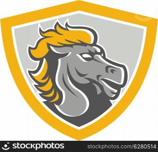Illustration of a grey bronco horse head set inside shield crest on isolated white background done in retro style.. Bronco Horse Head Shield