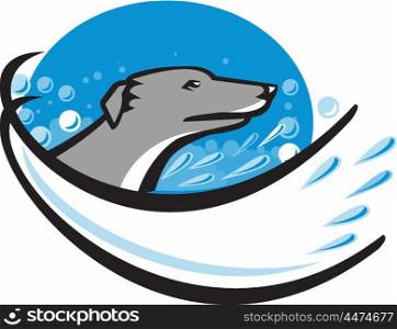 Illustration of a greyhound dog head in water bubble having a wash bath viewed from side set inside oval shape done in retro style.. Greyhound Dog Head Water Bubble Oval Retro