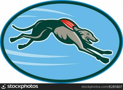 illustration of a Greyhound racing and jumping set inside oval. Greyhound racing and jumping set inside oval