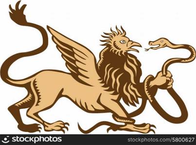 Illustration of a griffin, griffon, or gryphon holding snake viewed from side on isolated white background done in retro woodcut style.