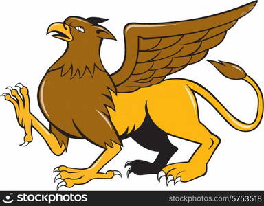 Illustration of a griffin, griffon, or gryphon marching prancing viewed from side set on isolated white background done in cartoon style.