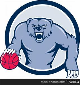 Illustration of a grizzly bear angry growling dribbling basketball viewed from front set inside circle on isolated background done in cartoon style. . Grizzly Bear Angry Dribbling Basketball Cartoon