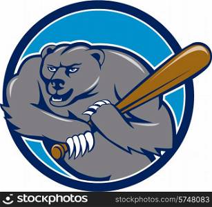 Illustration of a grizzly bear baseball player holding bat batting viewed from front set inside circle on isolated background done in cartoon style. . Grizzly Bear Baseball Player Batting Circle Cartoon