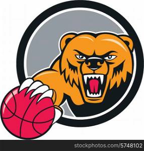 Illustration of a grizzly bear head angry growling holding basketball viewed from front set inside circle on isolated background done in cartoon style. . Grizzly Bear Angry Head Basketball Cartoon