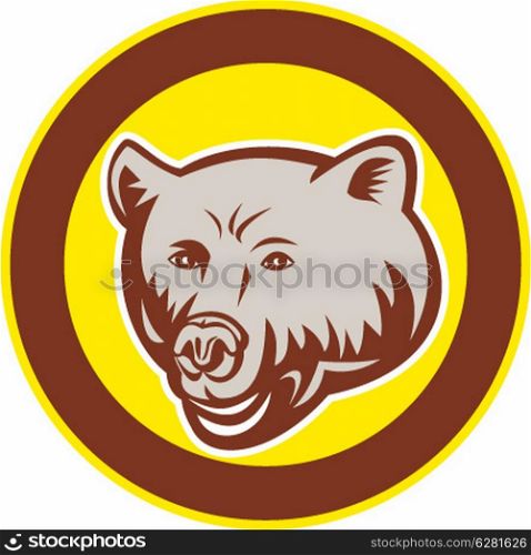 Illustration of a grizzly bear head set inside circle on isolated background done in retro style. . Grizzly Bear Head Circle Retro