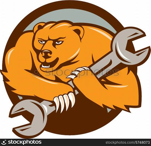 Illustration of a grizzly bear plumber running holding spanner on shoulder set inside circle on isolated background done in cartoon style. . Grizzly Bear Mechanic Spanner Circle Cartoon